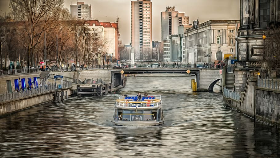 boat on water beside bridge, berlin, spree, river, architecture HD wallpaper