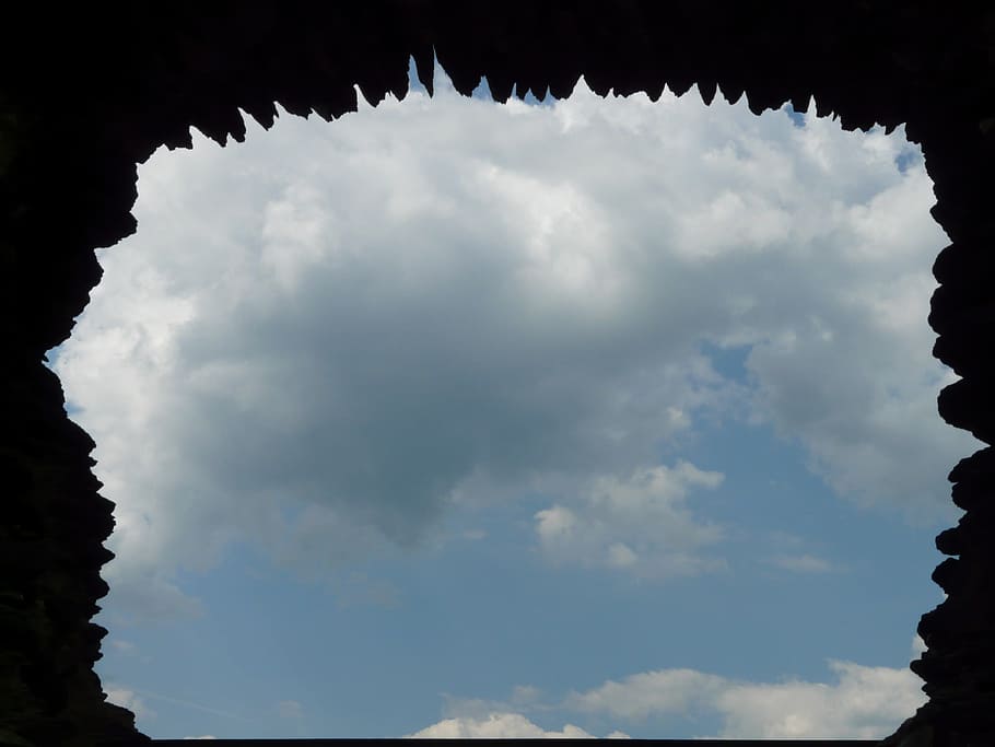 Window, Stone, Stone, stone window, by looking, sky, clouds HD wallpaper