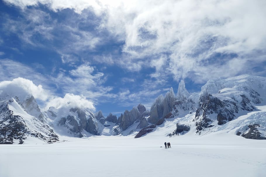 Patagonia Ice Cap Expedition, two person walking on mountain of snowfield HD wallpaper