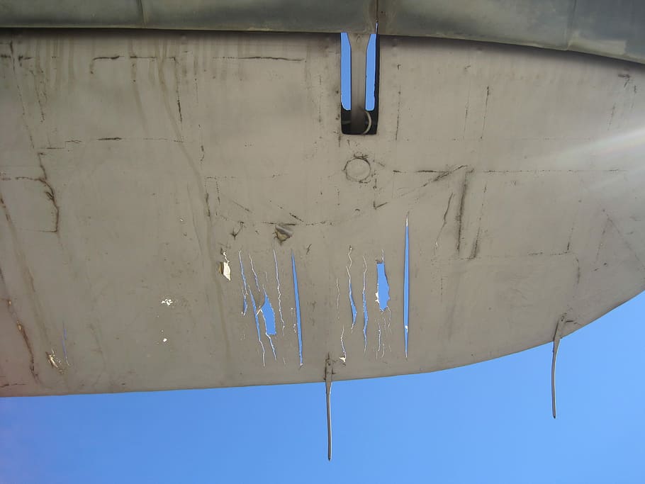 Wing, Covered, Aileron, Torn, silver, damaged, hinge, blue sky HD wallpaper