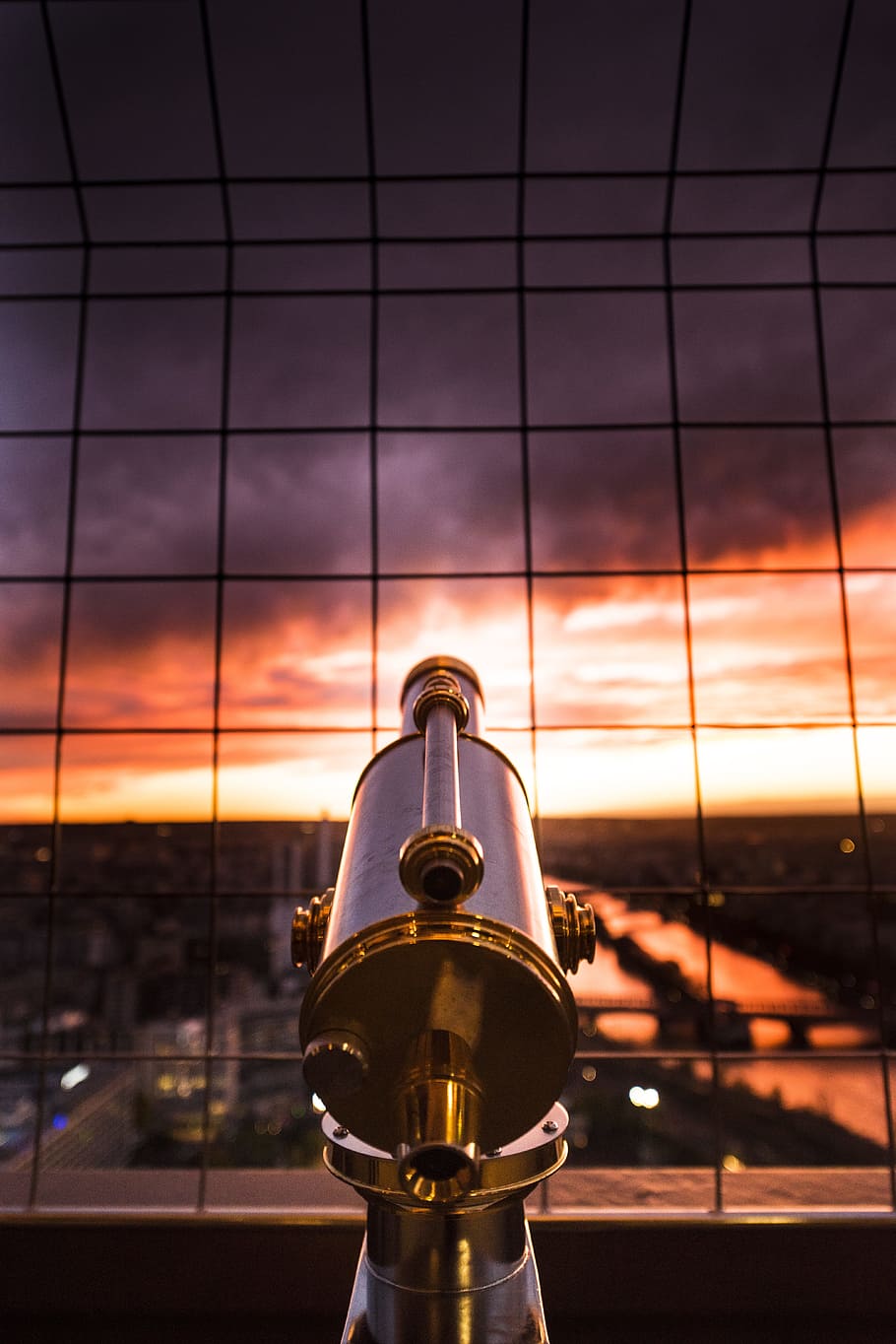 gray and yellow telescope against grill, selective focus photo of brass and white telescope HD wallpaper