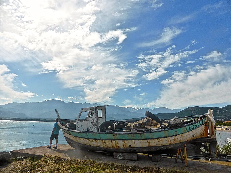 Boat, Man, Derelict, Fishing, rusty, fishing boat, sea, water HD wallpaper