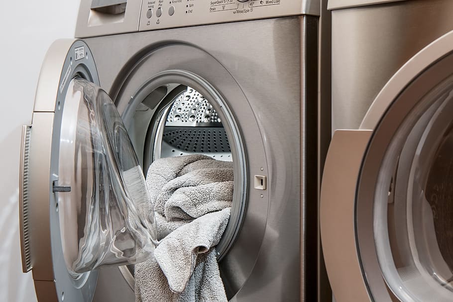 two grey washer dryer set, washing machine, laundry, tumble drier