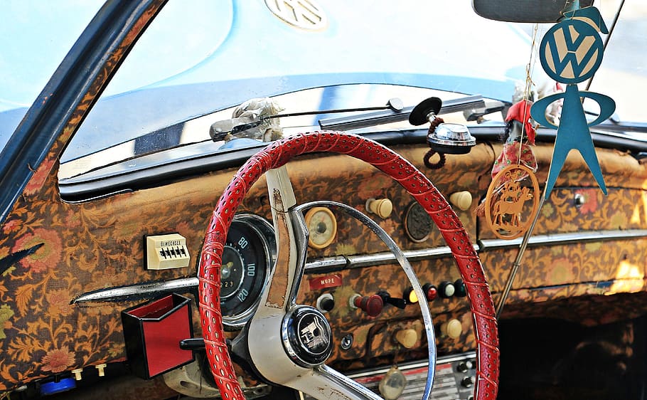 red and white steering wheel, vw beetle, oldtimer, vehicle HD wallpaper