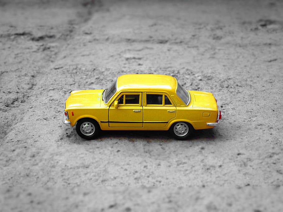 yellow sedan die-cast on gravel, classic yellow sedan scale model, HD wallpaper