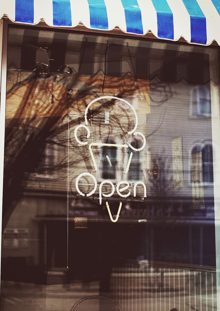 ice cream store neon light signage, white Open neon signage on black glass panel HD wallpaper