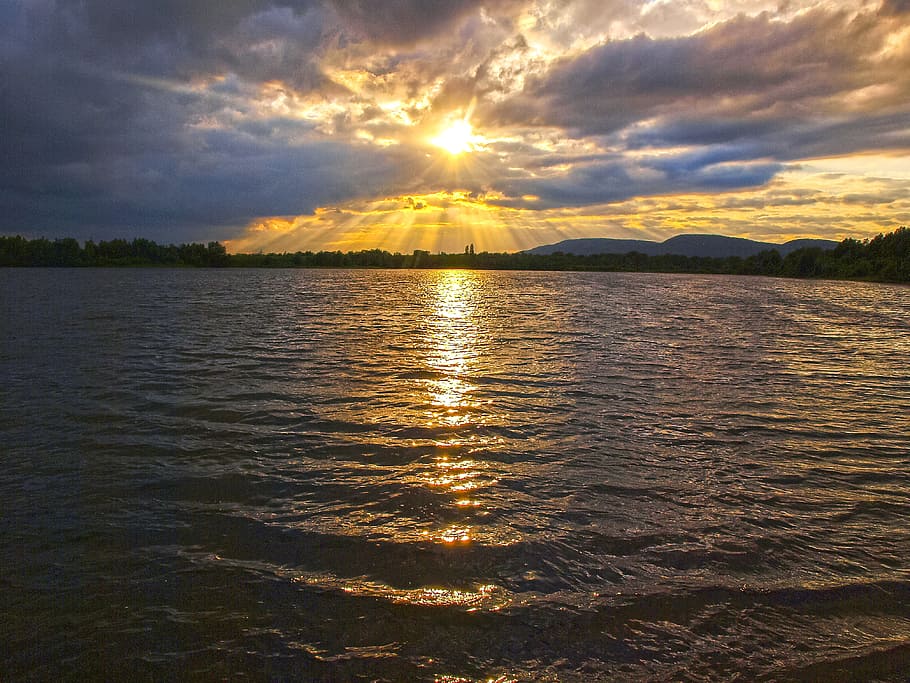 Landscape, Pond, Twilight, Sun, sunset, nature, reflection HD wallpaper