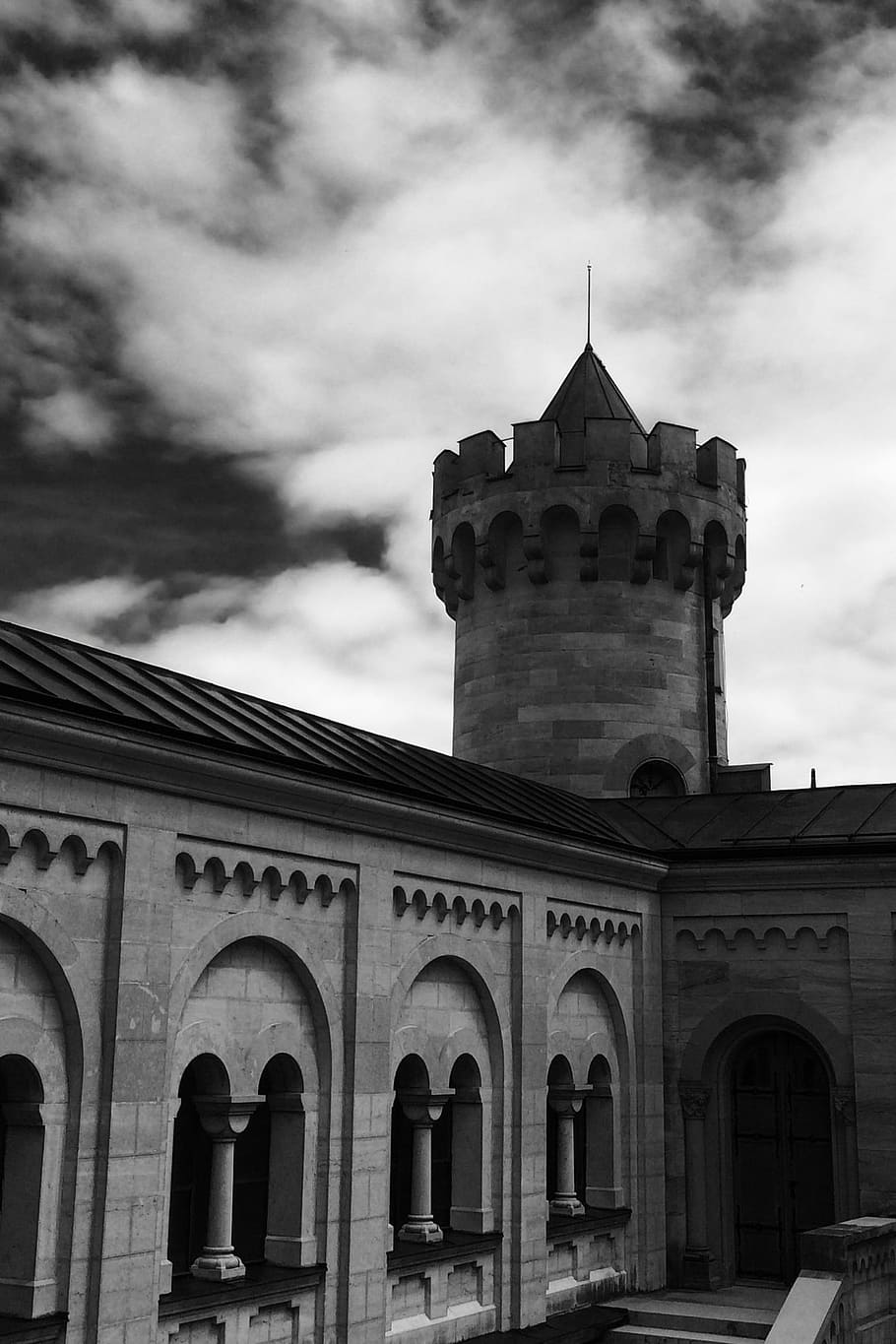 neuschwanstein, castle, munich, germany, black and white, tower HD wallpaper
