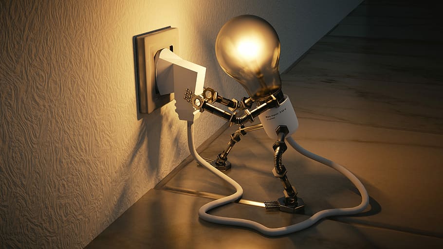 light bulb plugging itself, idea, self employed, incidence, enlightenment