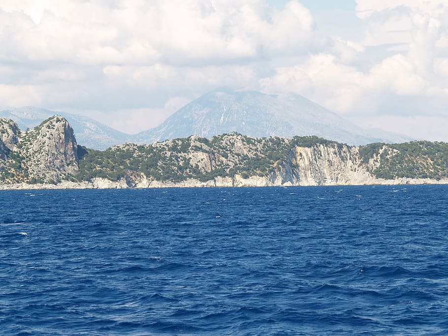 sea, rocks, view, fog, blue, greece, sky, clouds, mountain HD wallpaper