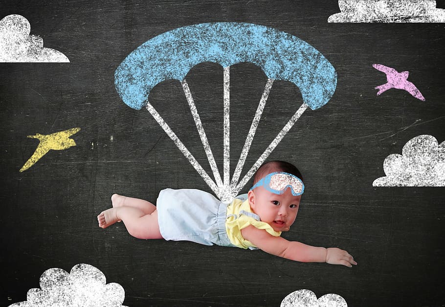 baby and cloud artwork, for du, skydiving, parachute, blackboard HD wallpaper