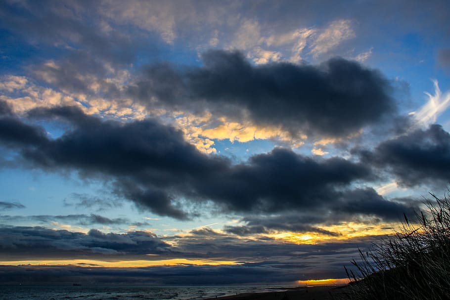 autumn, sea, clouds, dune, beach, coast, seasons, sky, autumn colours HD wallpaper
