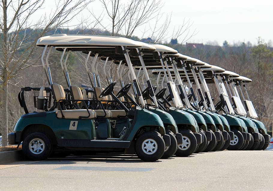 parked golf carts, golf course, transportation, green, game HD wallpaper