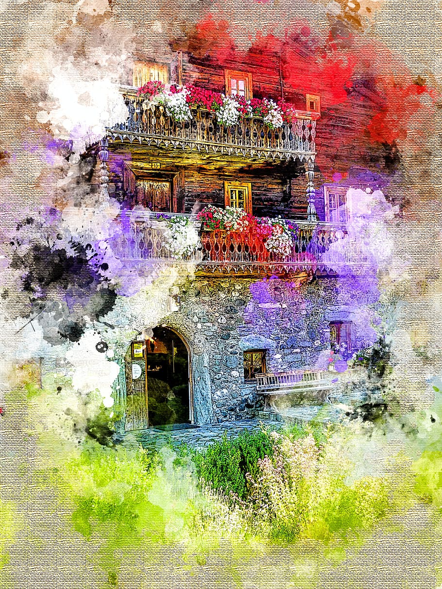 farmhouse, photo manipulation, watercolour, embroidery, summer, HD wallpaper