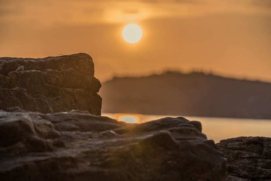 sunset, seaside, sunrise, sky, beauty in nature, rock - object HD wallpaper