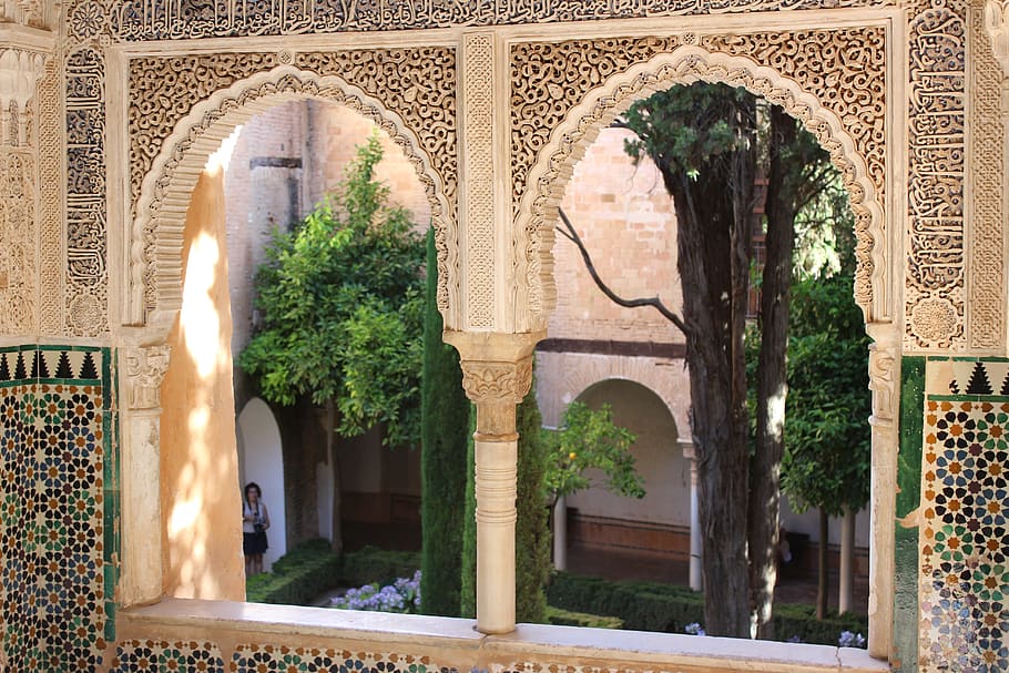 woman standing near trees, alhambra, window, view, garden, building HD wallpaper