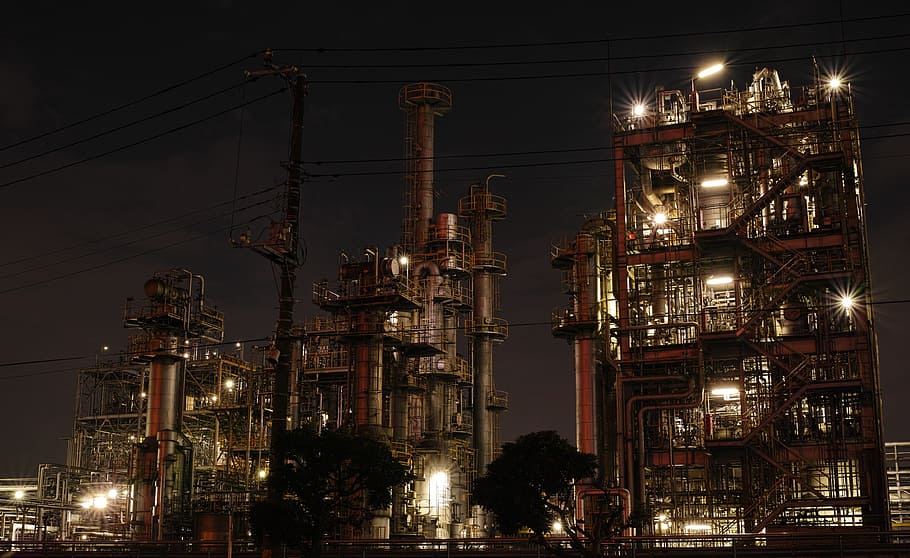 lights, night, industry, factory, steel, illuminated, built structure HD wallpaper