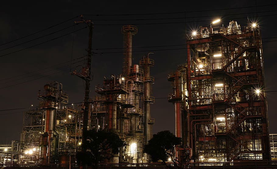 high rise city buildings light during nighttime, factory, night view HD wallpaper