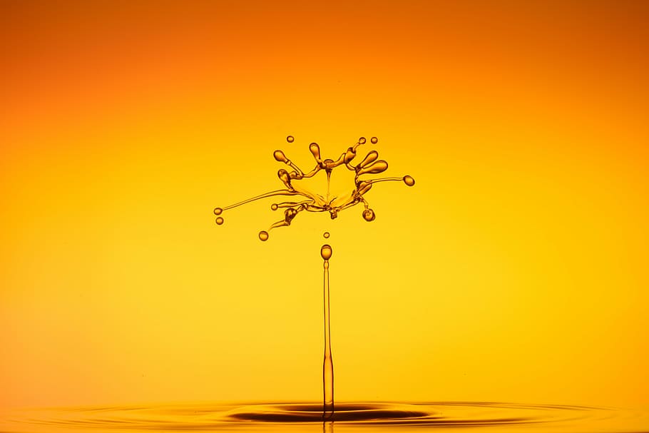 water photography, drip, spray, liquid, drop of water, orange HD wallpaper