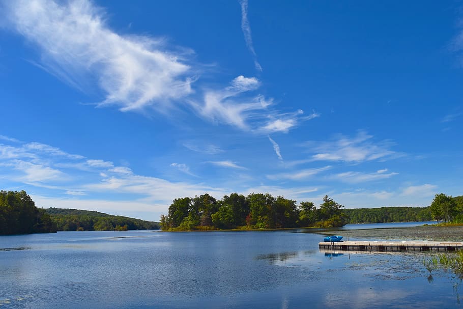 lake, island, water, reflection, sky, clouds, blue, landscape HD wallpaper