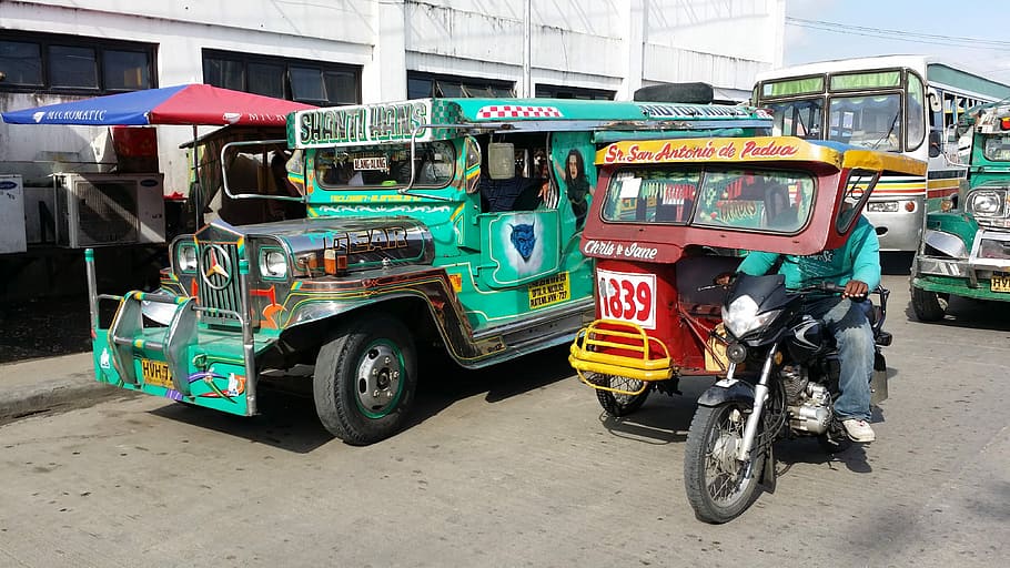 jeepney and tricycle at the street, Philippines, Taxi, Cars, traffic