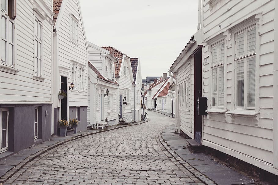 empty roadway in between houses at daytime, landscape photography of road between houses at daytime HD wallpaper