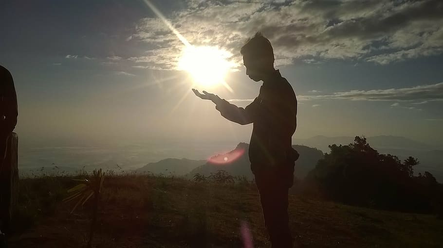 light, sun, morning, one person, sky, silhouette, standing HD wallpaper