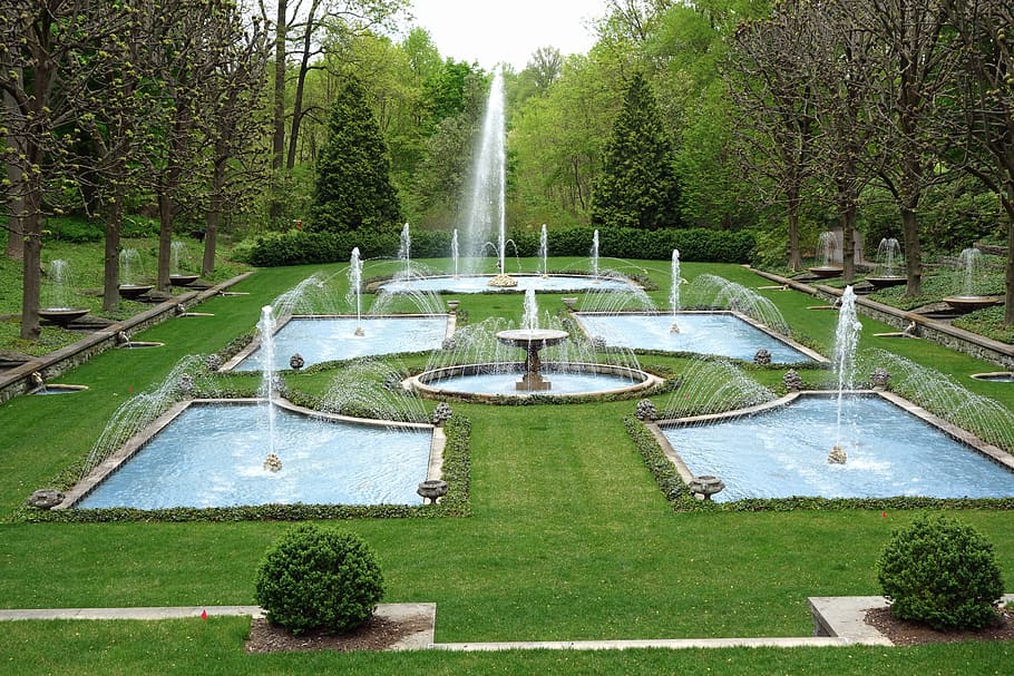 water fountains and grass field, garden, park, pennsylvania, trees, HD wallpaper