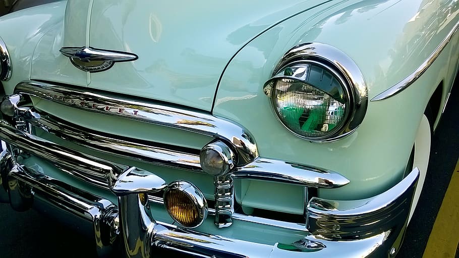 classic silver Chevrolet car, retro, auto, blue, mint color HD wallpaper