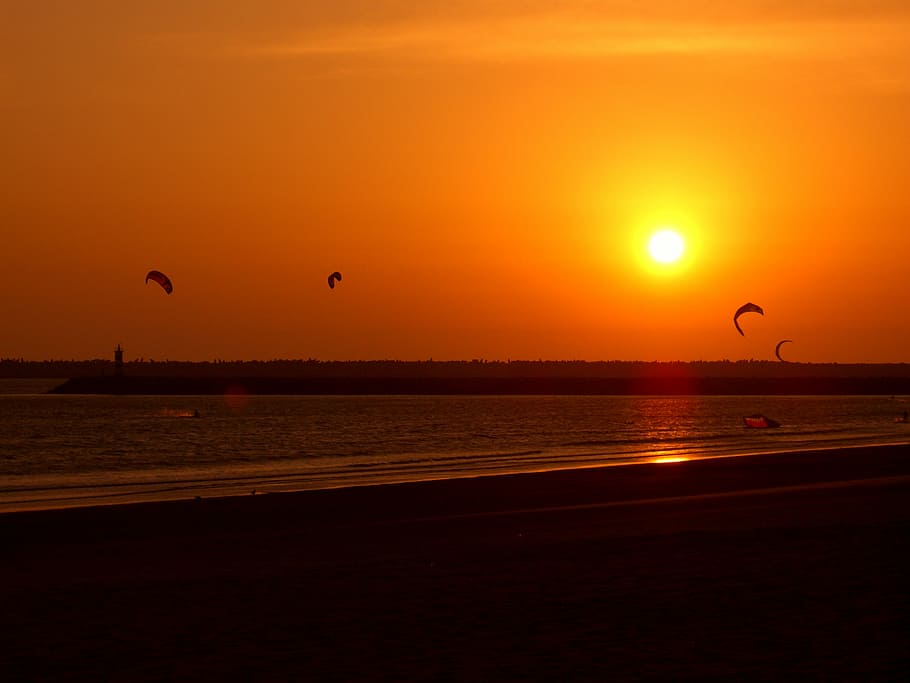 sunset, beach, kites, sky, orange color, beauty in nature, scenics - nature HD wallpaper
