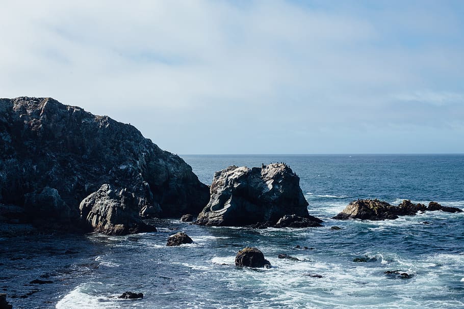 rock, formation, hill, coast, sea, ocean, water, waves, nature HD wallpaper
