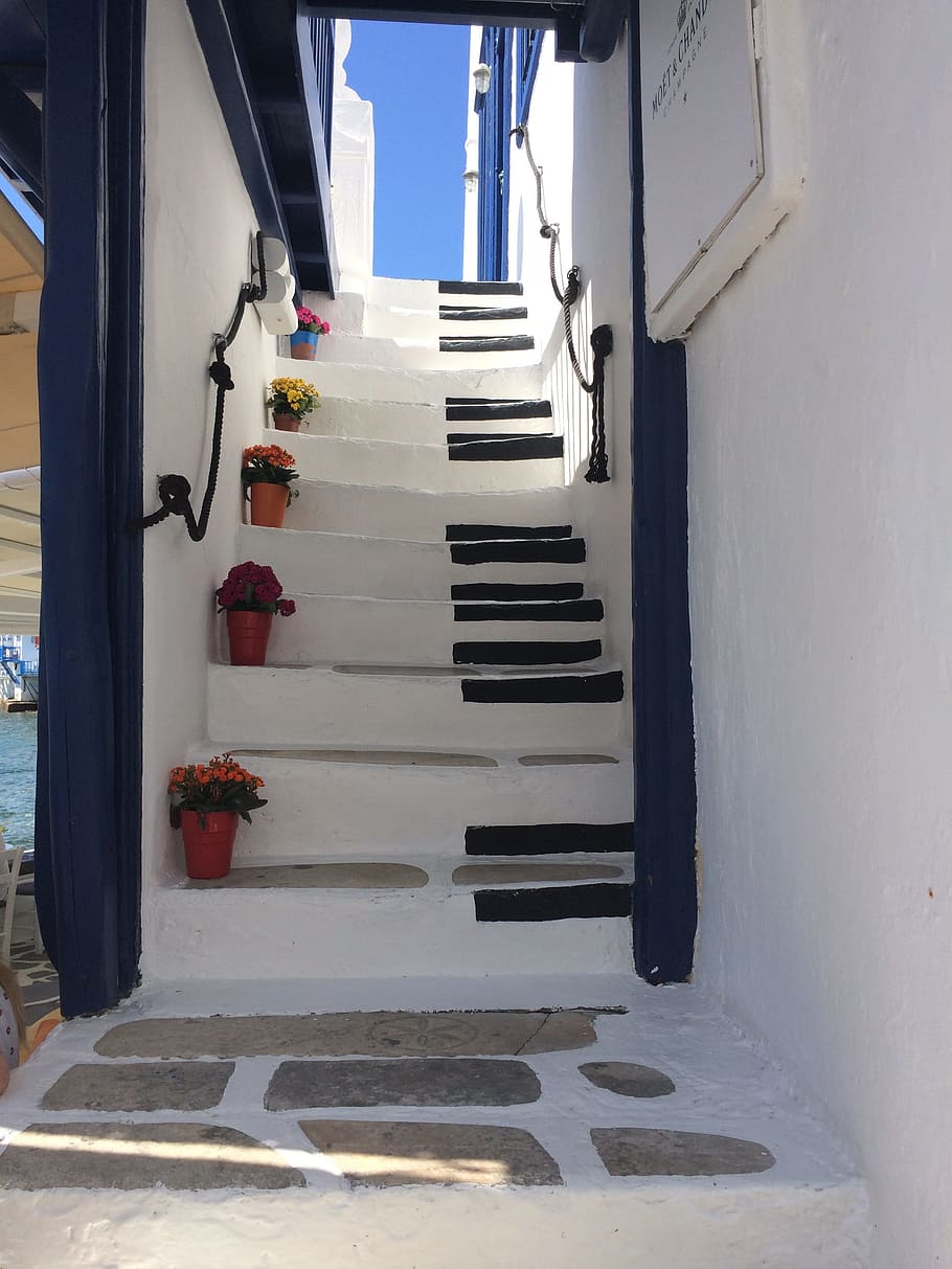 greece, scale, architecture, summer, stairs, staircase, no people HD wallpaper