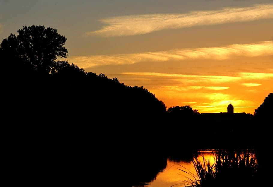 sunset, castle, river, landscape, summer, czech republic, river bank HD wallpaper