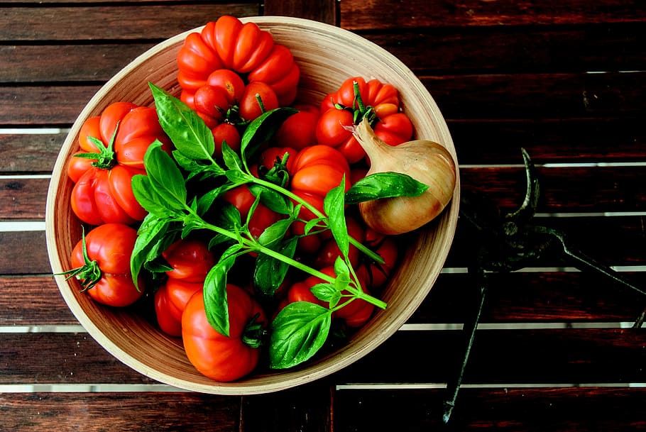 healthy, tomatoes, blur, wooden, basil, bowl, close-up, focus HD wallpaper
