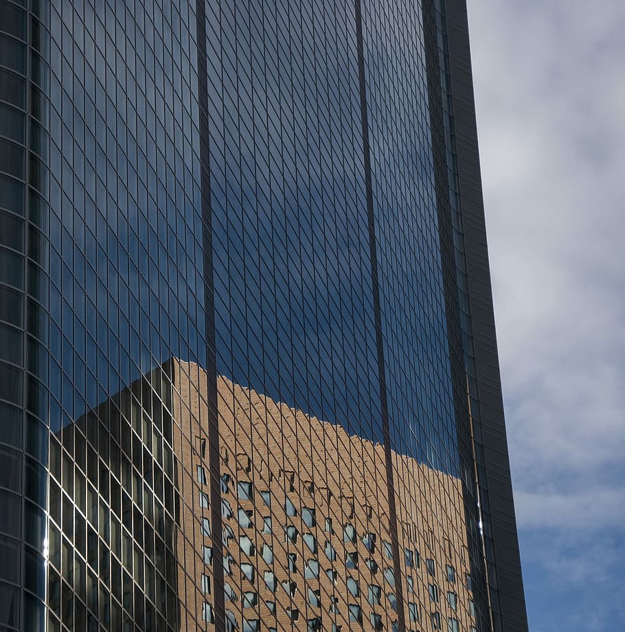blue concrete building, building reflection on building windows HD wallpaper