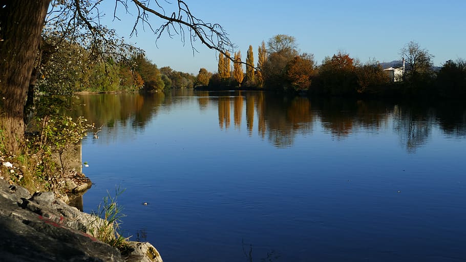 landscape, nature, river, evening, sun, autumn, trees, reflection HD wallpaper