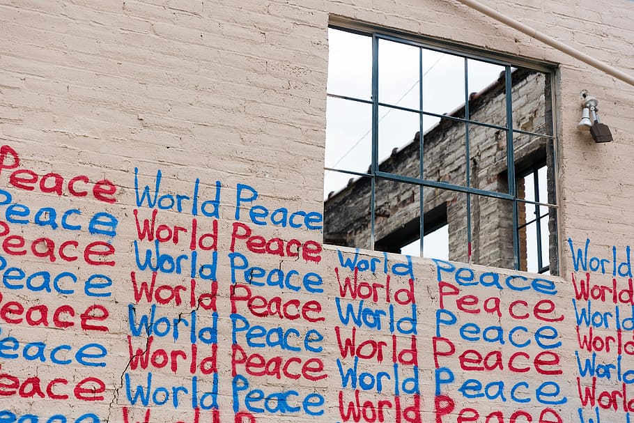 black metal window rail, world peace, wall, white, brick, brickwork HD wallpaper