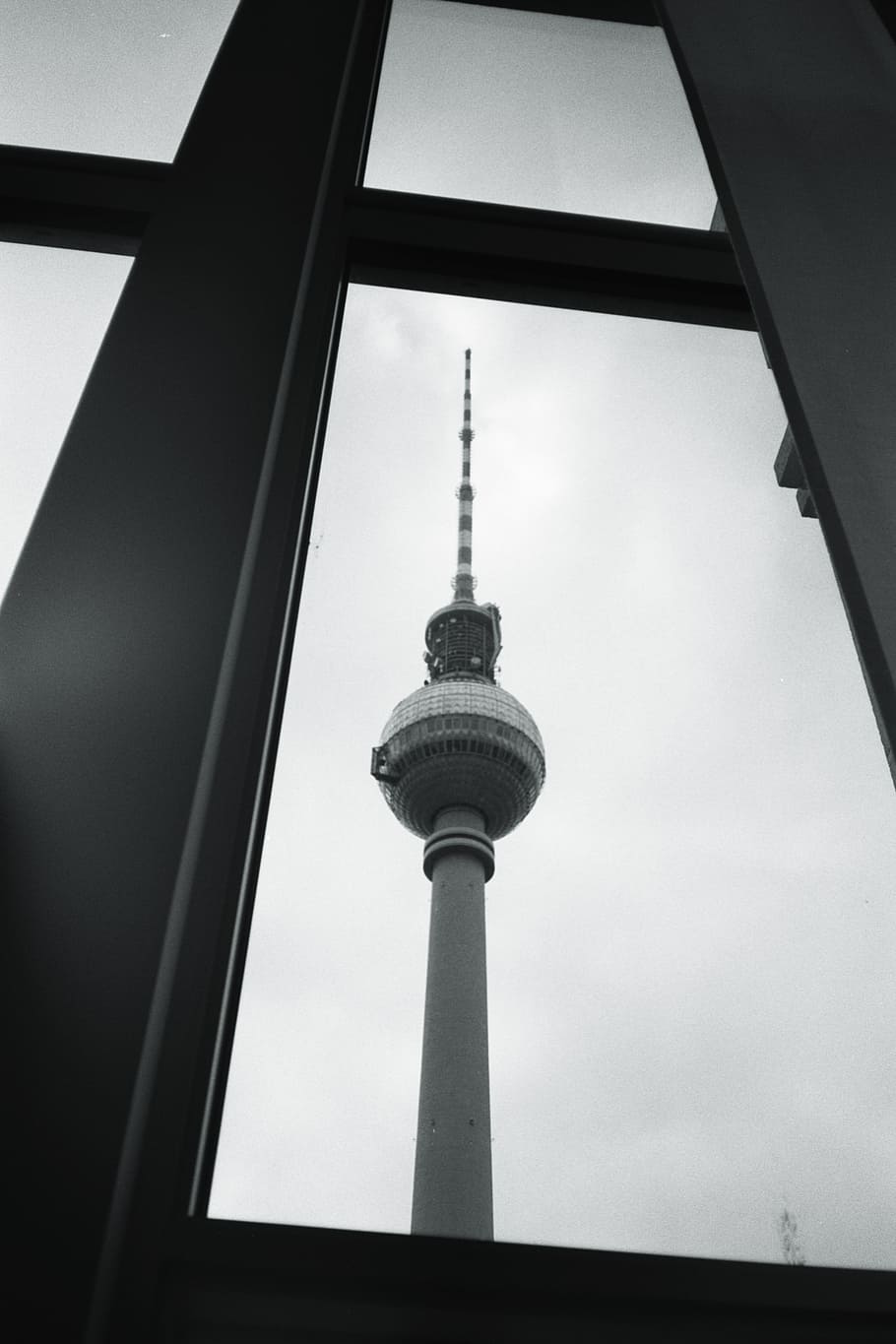 berlin, tv tower, window, black and white, architecture, germany