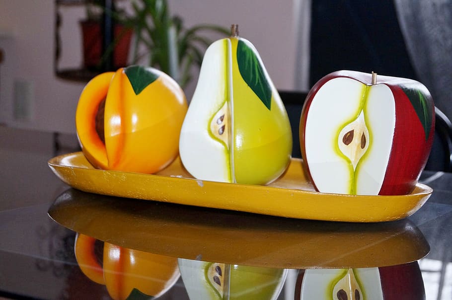 fruit, pear, apple, peach, centerpiece, reflection, yellow HD wallpaper