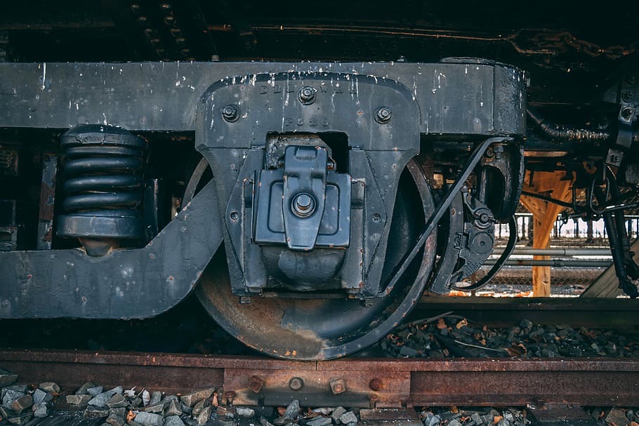 Wheel, black steam locomotive, train track, brake, metal, rail transportation HD wallpaper