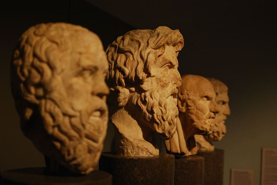 photo of four men head busts, bustos, filsofia, aristotle, philosophers