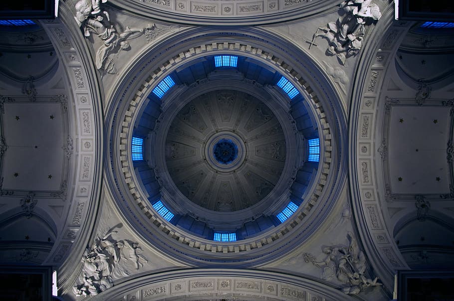 worm's-eye view of church ceiling, white, blue, embossed, architecture HD wallpaper