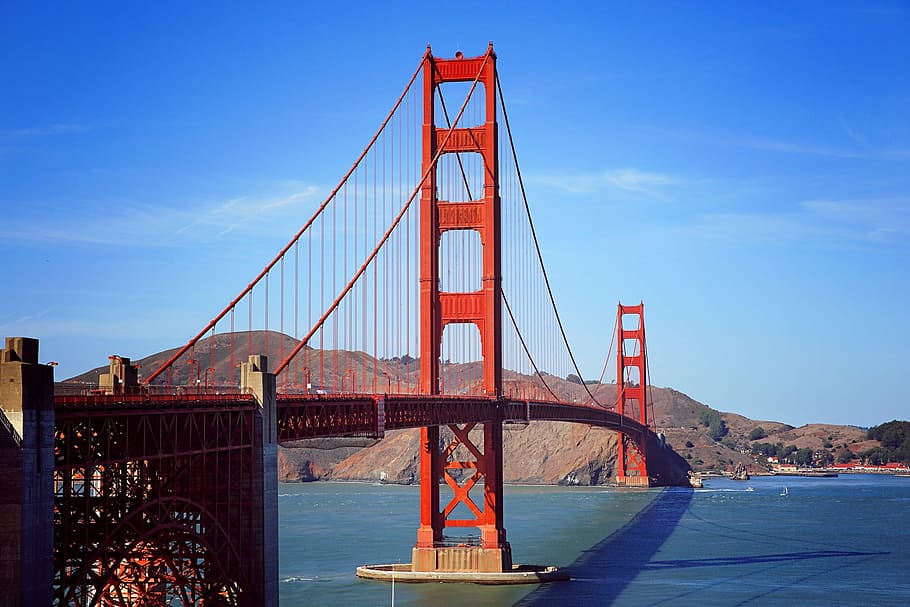 Golden Gate Bridge, San Francisco, blue, sky, red, steel, duringdaytime, HD wallpaper