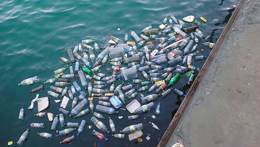 assorted plastic bottles on body of water during daytime, contamination, HD wallpaper