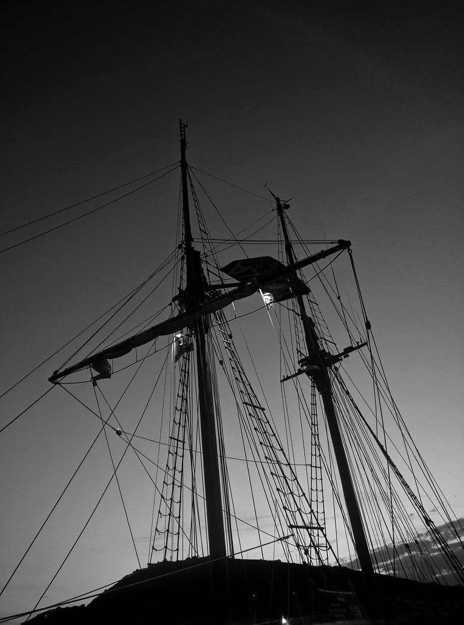 Ship, Sailing, Monochrome, rigging, silhouettes, boat, sea HD wallpaper