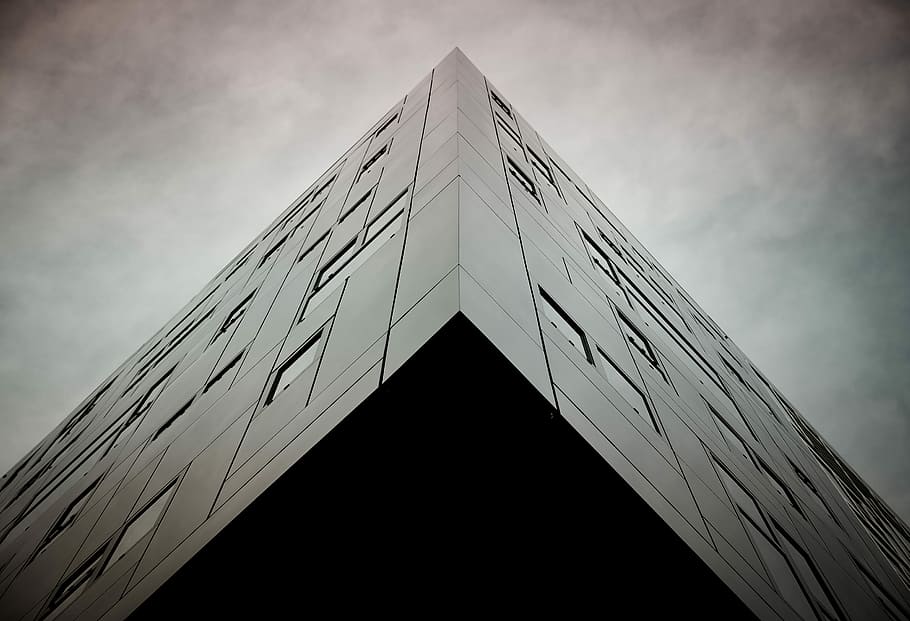 low angle mirror building, low angle of concrete building, corner