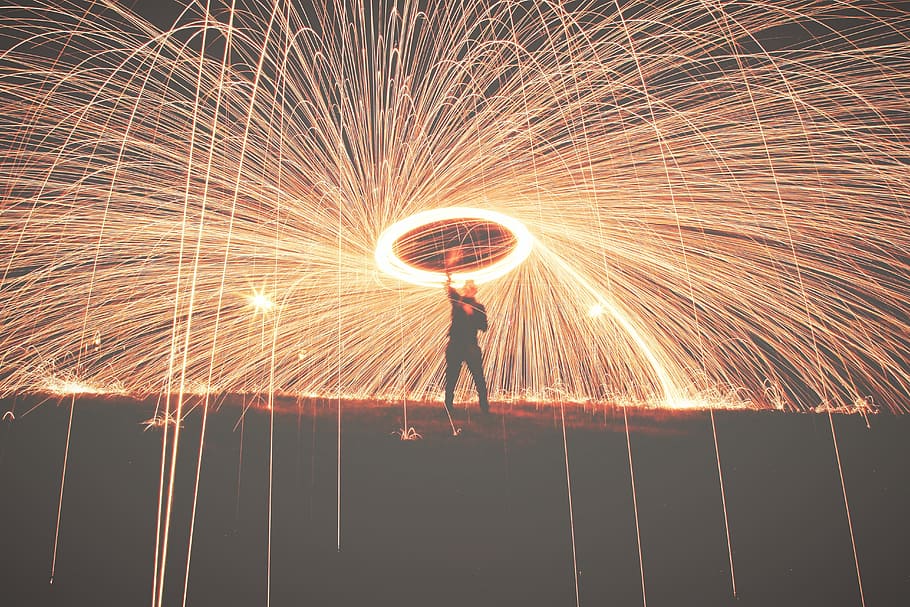man, perform, flame, fireworks, light, dark, show, guy, one person HD wallpaper