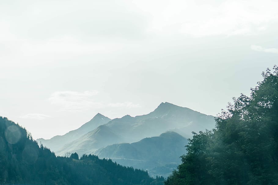 green trees front of gray mountain under white clouds, mountain and trees HD wallpaper