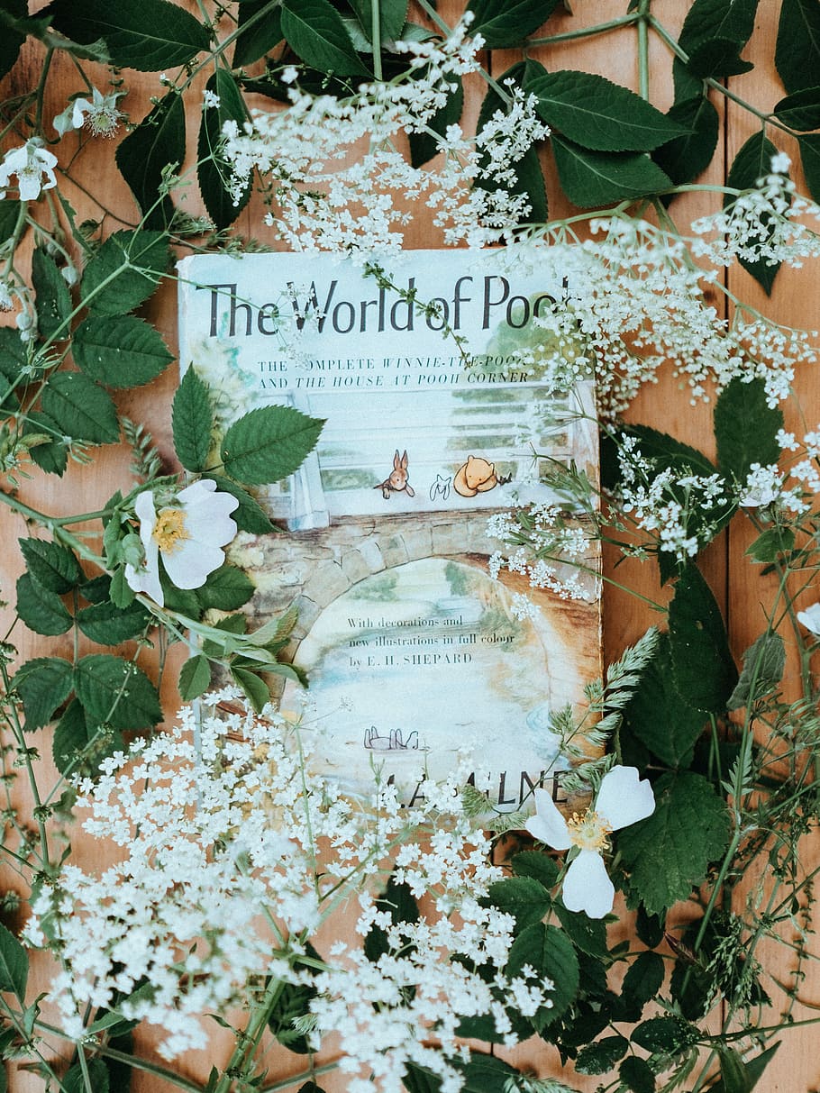 book covered with white flowers and green leaves, winnie the pooh