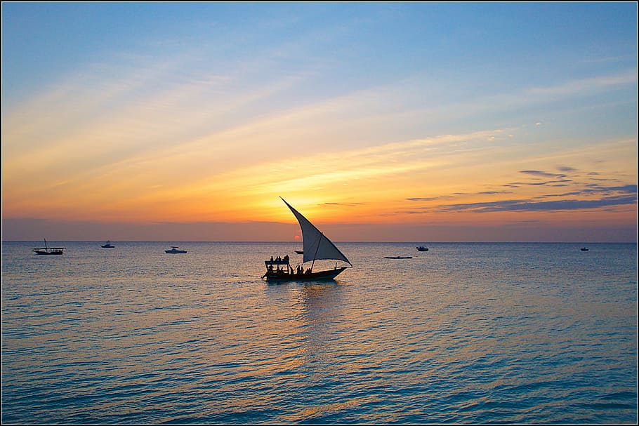 sailboat on body of water, zanzibar, sunset, evening, sea, scenics, HD wallpaper